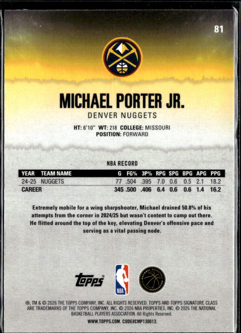 Michael Porter Jr. 2026 Topps Signature Class Yellow 65/275 Denver Nuggets