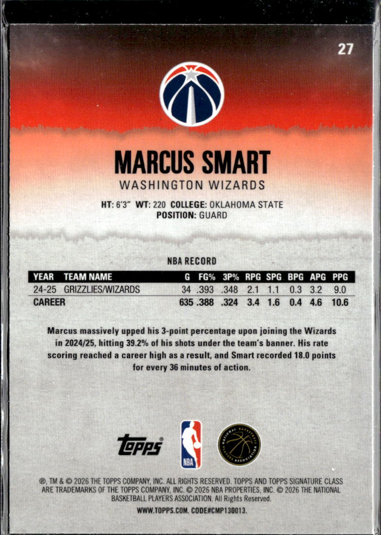 Marcus Smart 2026 Topps Signature Class Green /150 Washington Wizards