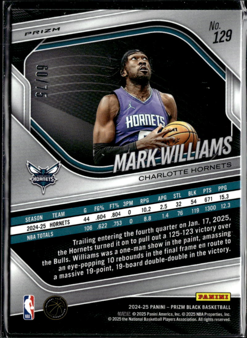 Mark Williams 2025 Panini Prizm Black Red Power 60/75 Charlotte Hornets
