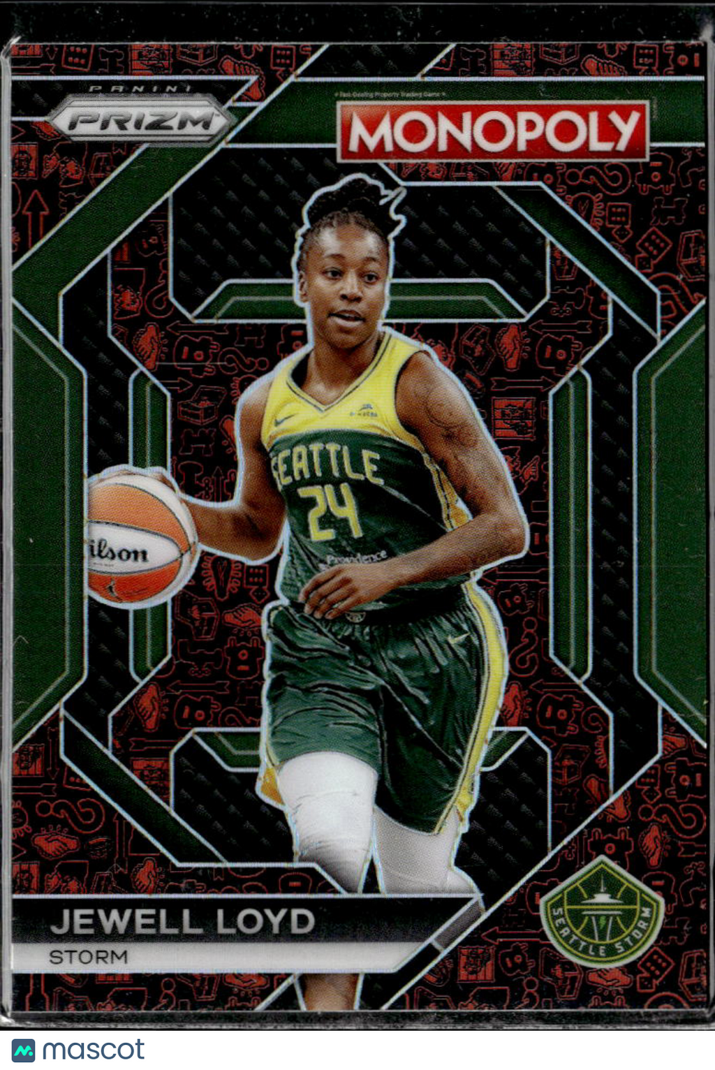 Jewell Loyd 2024 Panini WNBA Monopoly Black Red Logos Prizm Seattle Storm
