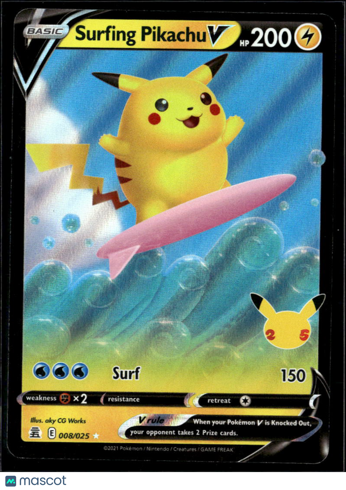 Surfing Pikachu V 2021 Celebrations Holo Rare RR #8/25