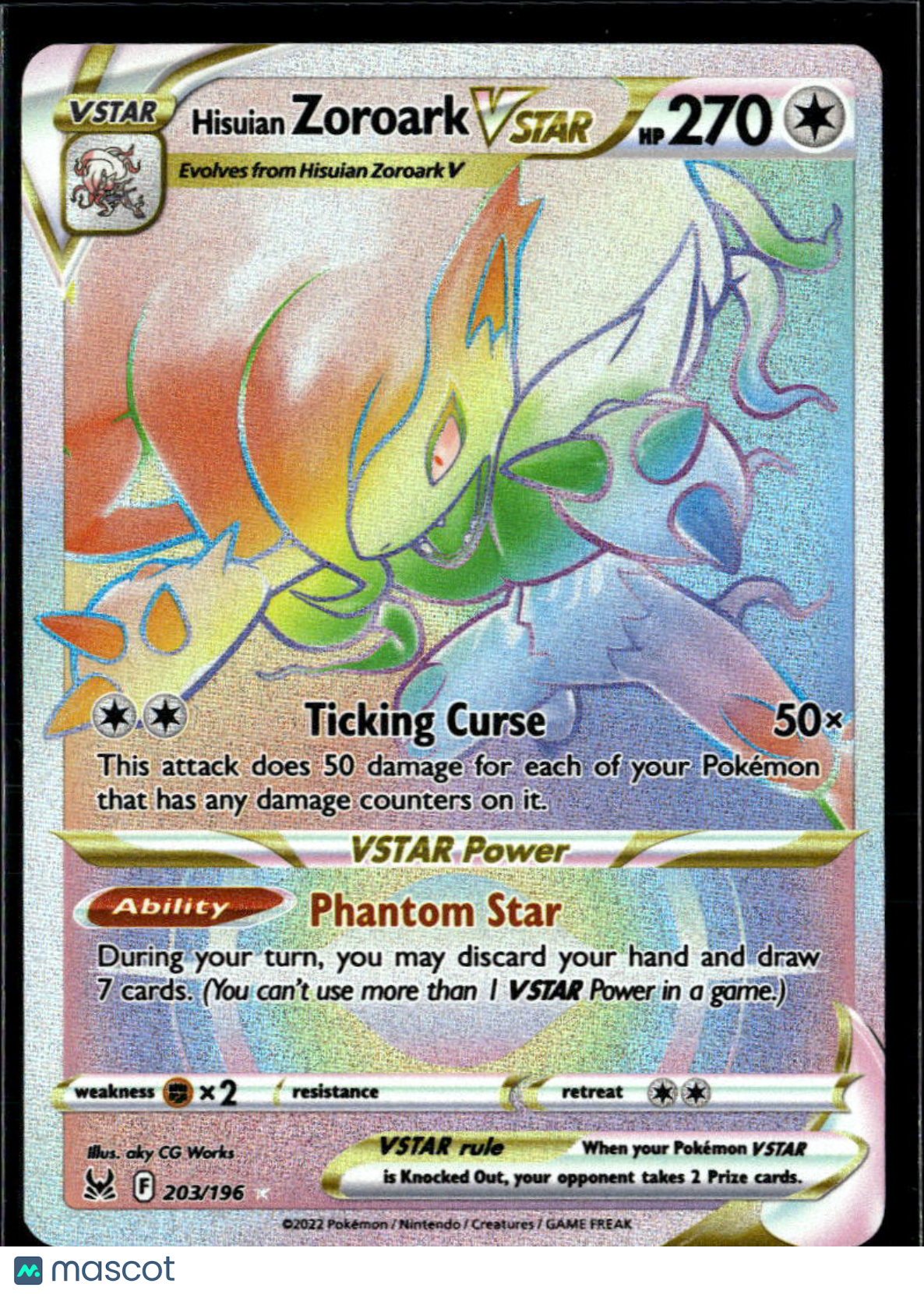 Hisuian Zoroark VSTAR 2022 Lost Origin Rainbow Secret Rare HR #203/196