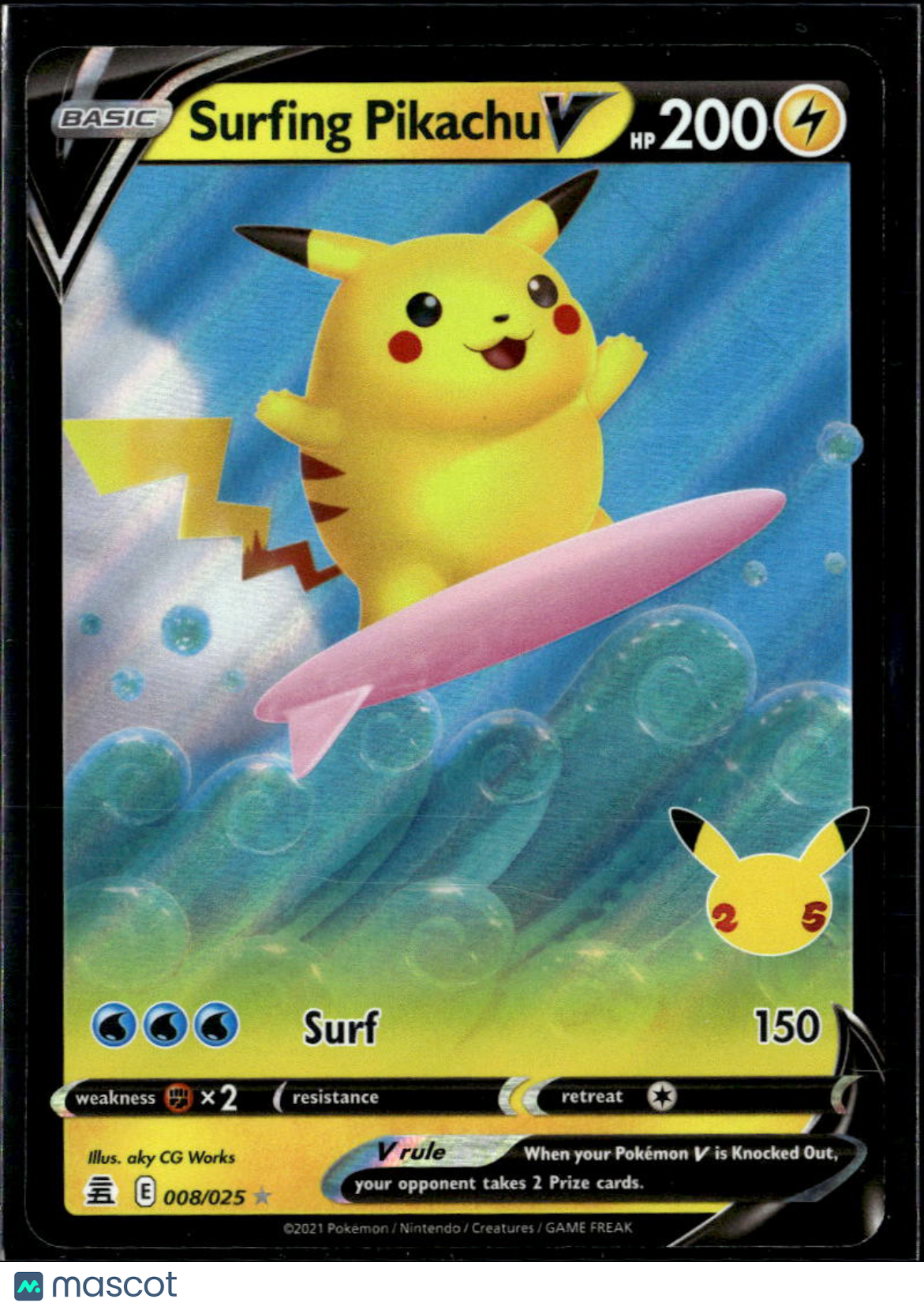 Surfing Pikachu V 2021 Celebrations Holo Rare #8/25