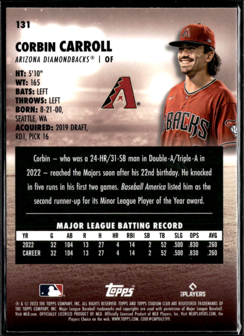 Corbin Carroll 2023 Topps Stadium Club Chrome Rookie RC Arizona Diamondbacks