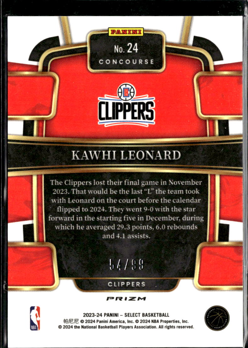 Kawhi Leonard 2023-24 Select Blue Prizm 54/99 Los Angeles Clippers