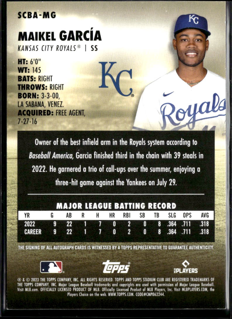 Maikel García 2023 Topps Stadium Club Auto Autograph RC Kansas City Royals