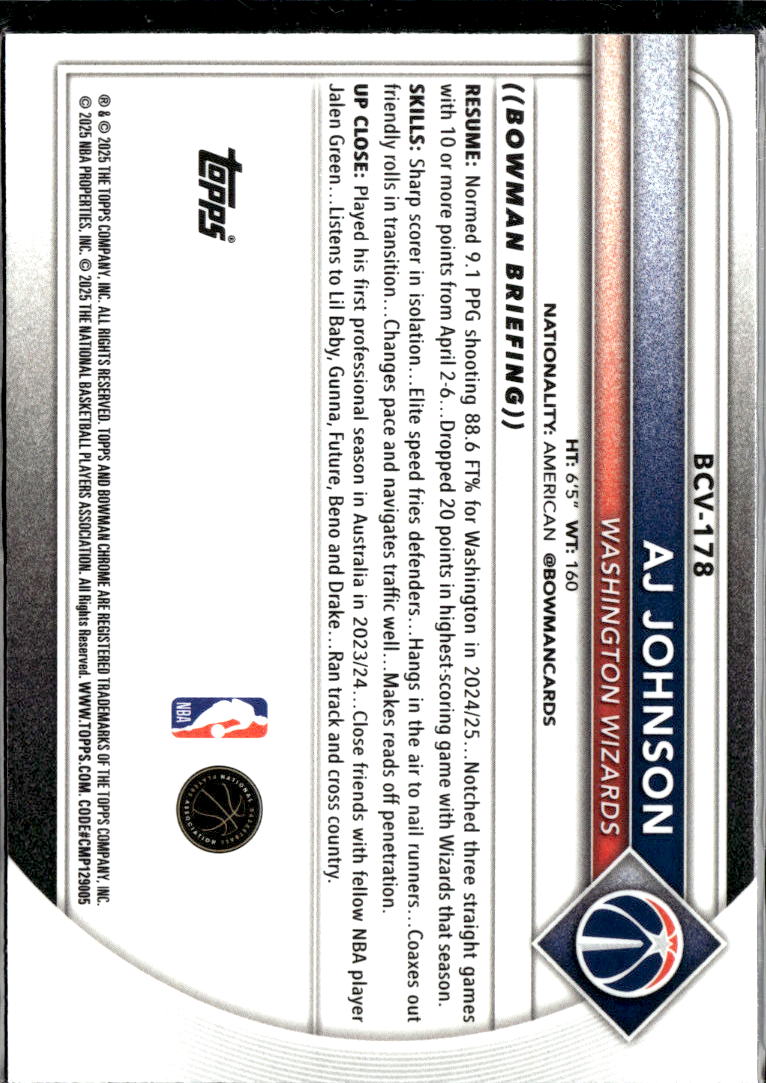 AJ Johnson 2025 Bowman Chrome Blue Refractor /150 Washington Wizards