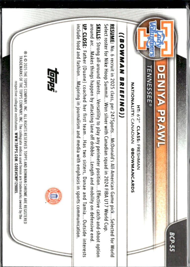 Deniya Prawl 2025 Bowman Chrome 1st Blue Refractor /150 Tennessee  Volunteers