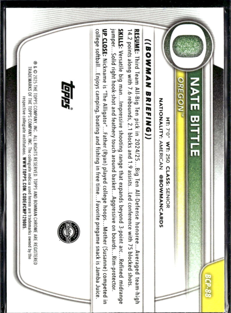 Nate Bittle 2025 Bowman Chrome University Blue Refractor /150 Oregon Ducks