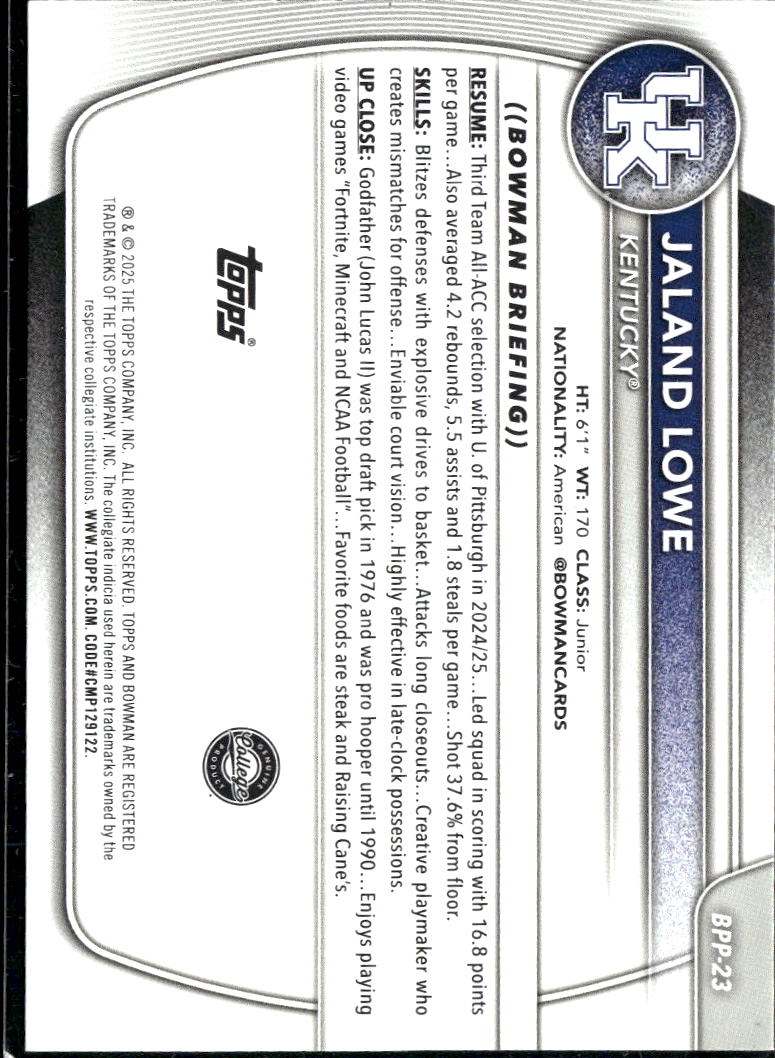 Jaland Lowe 2025 Bowman University 1st Blue /150 Kentucky Wildcats