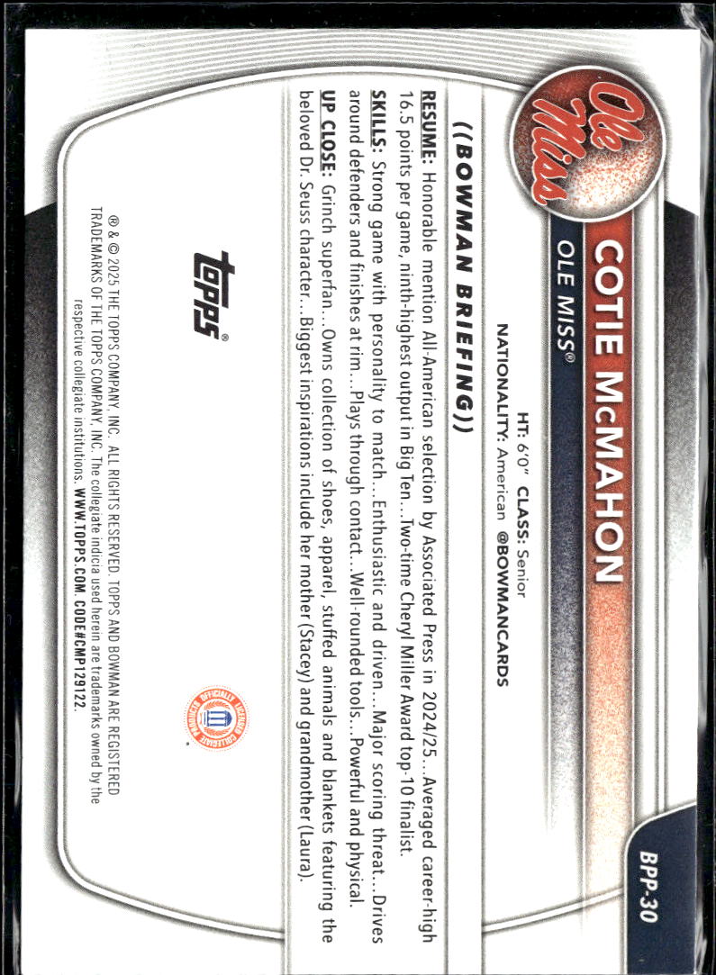 Cotie McMahon 2025 Bowman University 1st Purple /199 Ole Miss Rebels