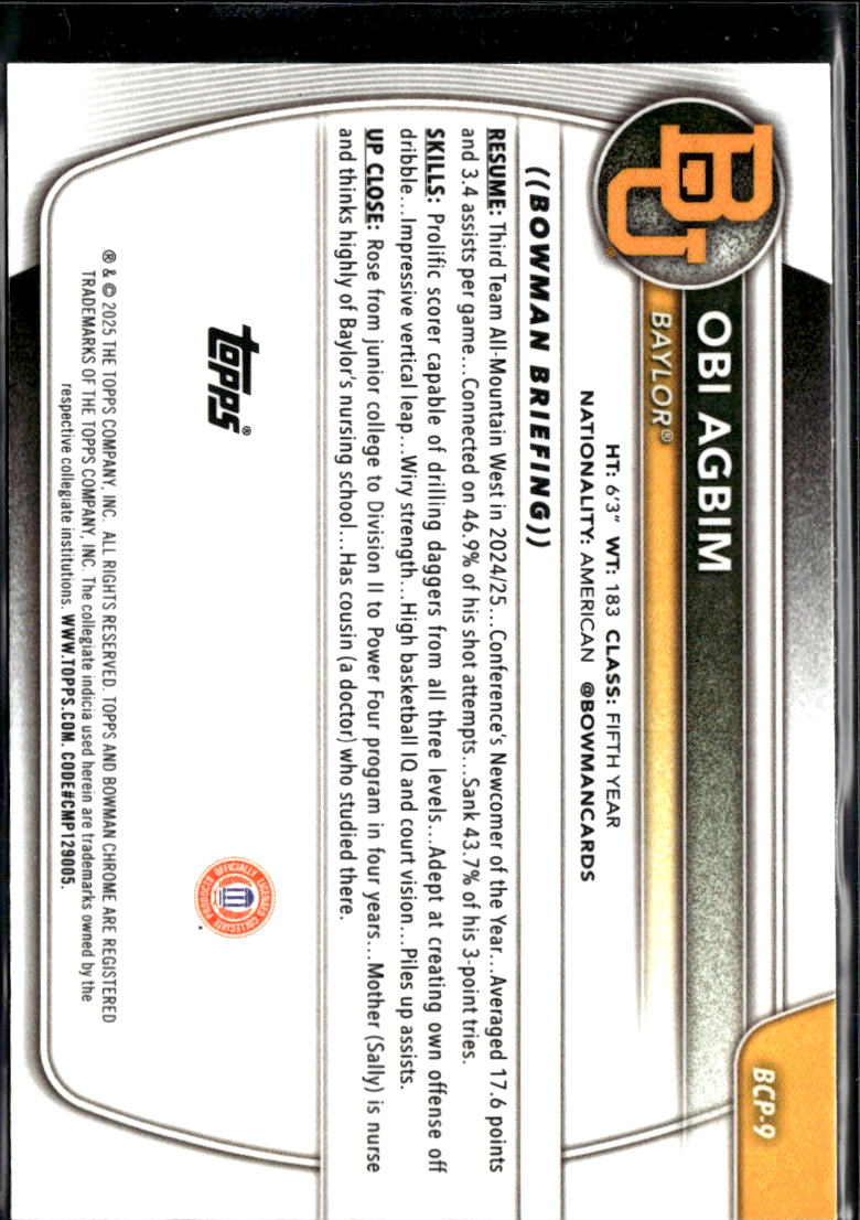 Obi Agbim 2025 Bowman Chrome Purple RayWave /250 Baylor Bears