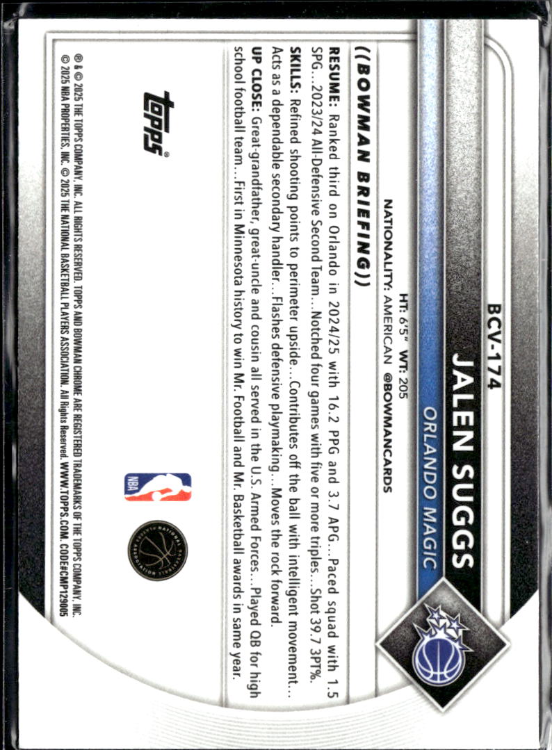 Jalen Suggs 2025 Bowman Chrome Purple Refractor 90/250 Orlando Magic
