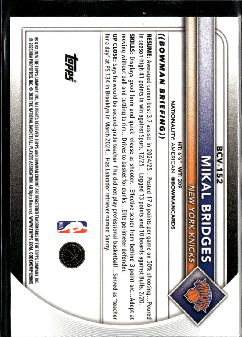 Mikal Bridges 2025 Bowman Chrome Purple Mojo /250 New York Knicks