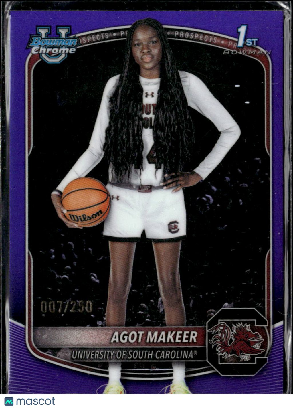 Agot Makeer 2025 Bowman Chrome 1st Purple 7/250 South Carolina Gamecocks