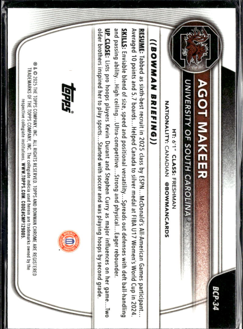 Agot Makeer 2025 Bowman Chrome 1st Purple 7/250 South Carolina Gamecocks