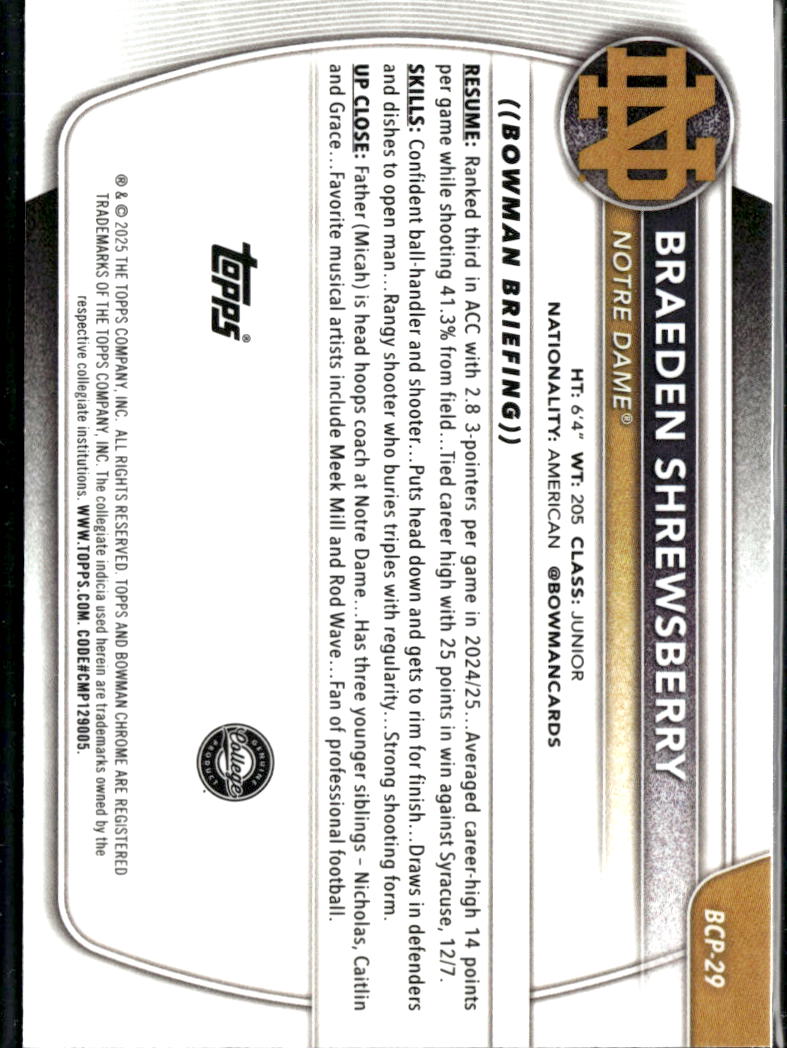 Braeden Shrewsberry 2025 Bowman Chrome Fuchsia 11/199 Notre Dame Fighting Irish