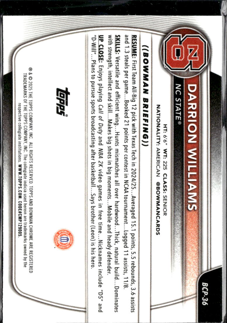 Darrion Williams 2025 Bowman Chrome 1st Purple Refractor /250 NC State Wolfpack