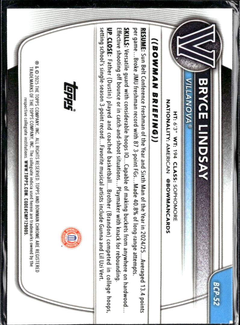 Bryce Lindsay 2025 Bowman Chrome University Purple /299 Villanova Wildcats