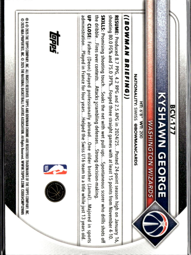 Kyshawn George 2025 Bowman Chrome Purple Refractor /199 Washington Wizards