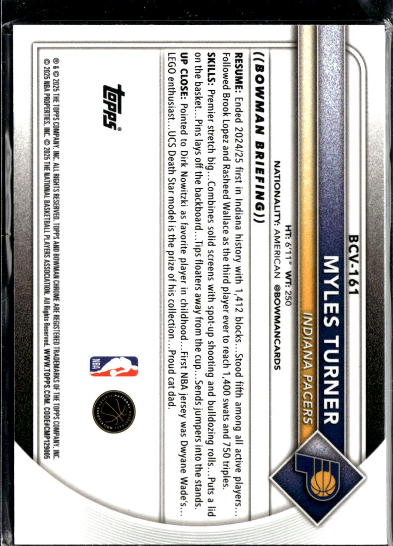 Myles Turner 2025 Bowman Chrome Purple Refractor /199 Indiana Pacers