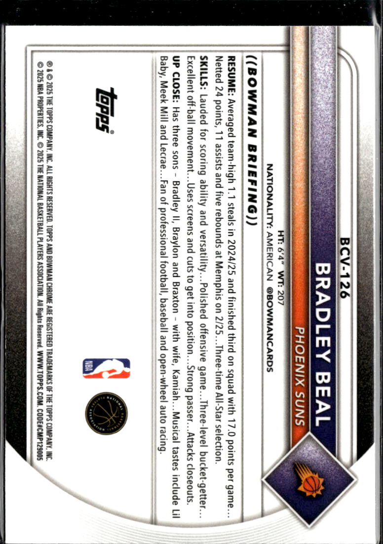 Bradley Beal 2025 Bowman Chrome Burgandy Refractor /275 Phoenix Suns