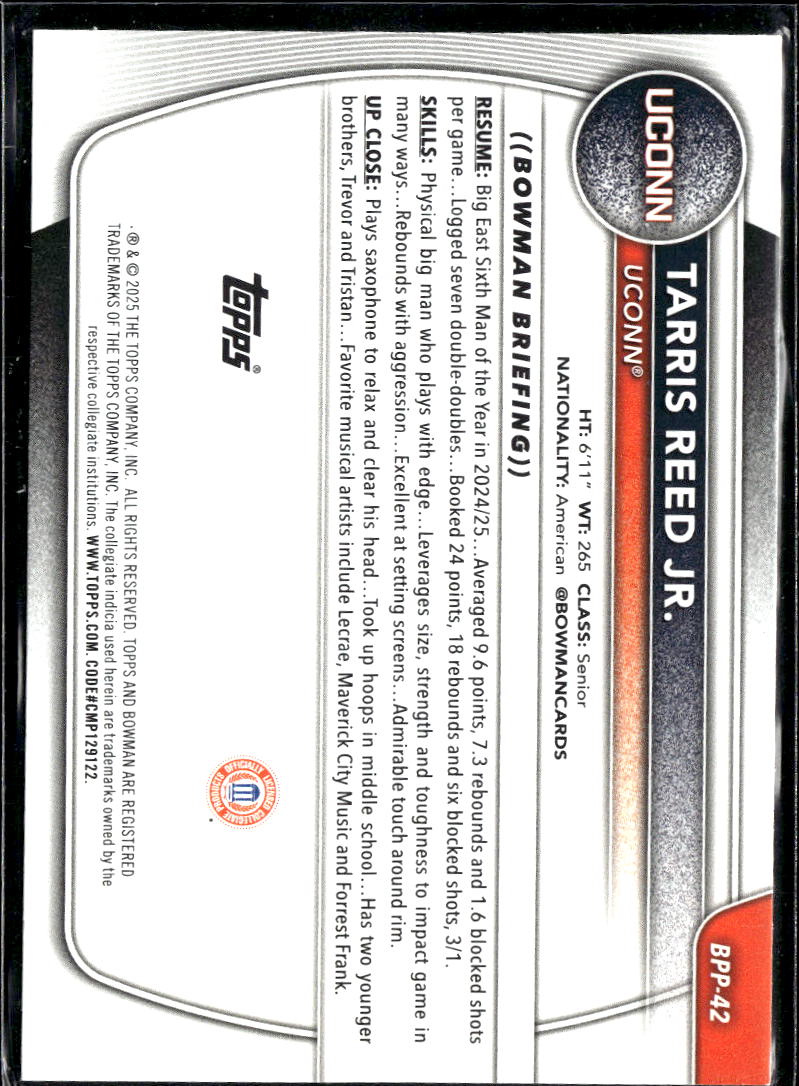 Tarris Reed Jr. 2025 Bowman University Prospects Yellow /75 UConn Huskies