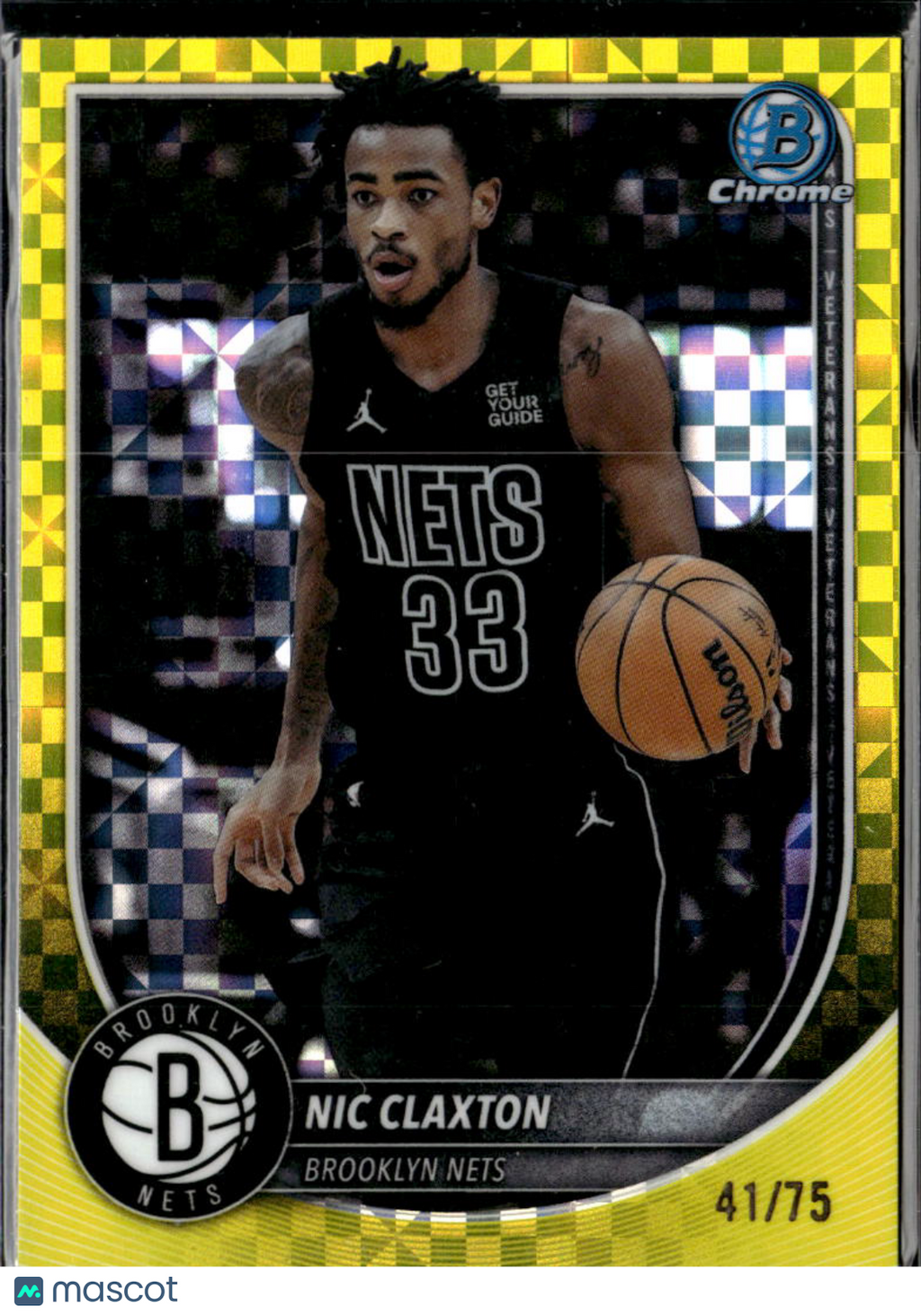 Nic Claxton 2025 Bowman Chrome University Yellow Refractor /75 Brooklyn Nets