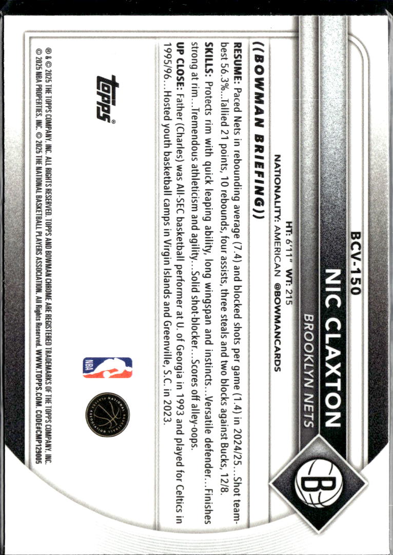 Nic Claxton 2025 Bowman Chrome University Yellow Refractor /75 Brooklyn Nets