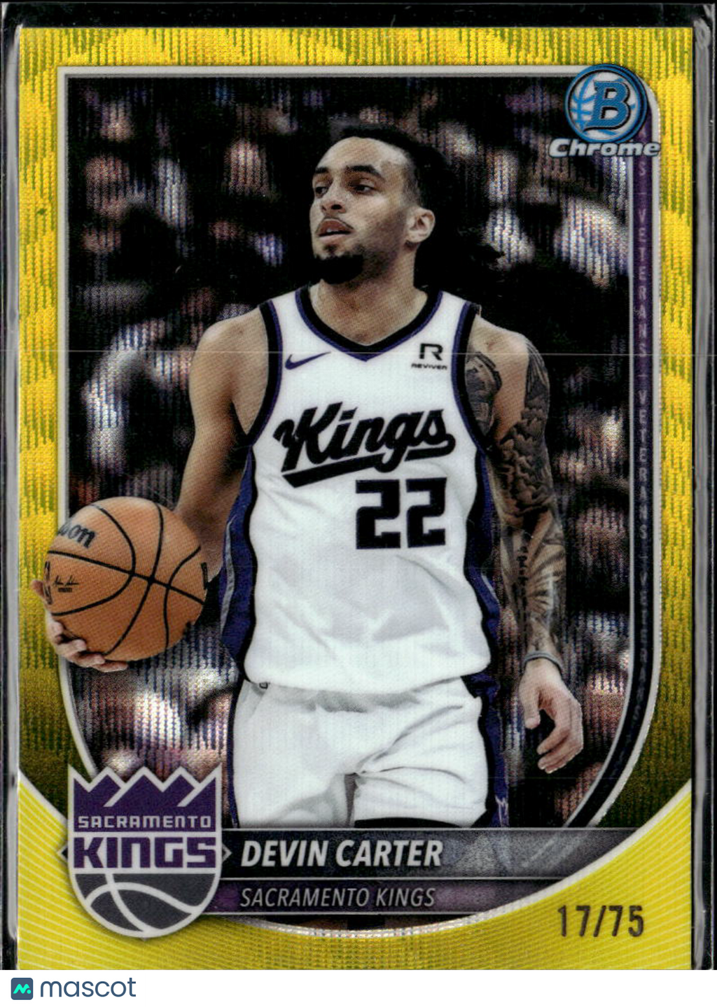 Devin Carter 2025 Bowman Chrome University Yellow Refractor /75 Sacramento Kings