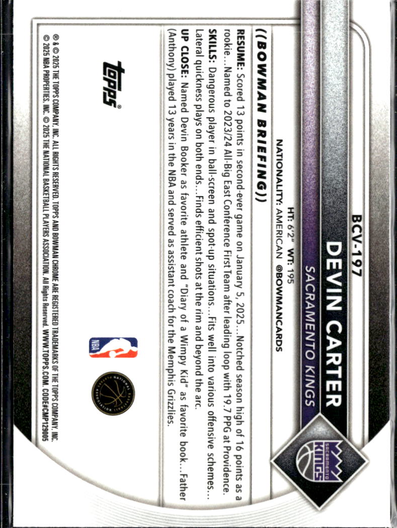 Devin Carter 2025 Bowman Chrome University Yellow Refractor /75 Sacramento Kings