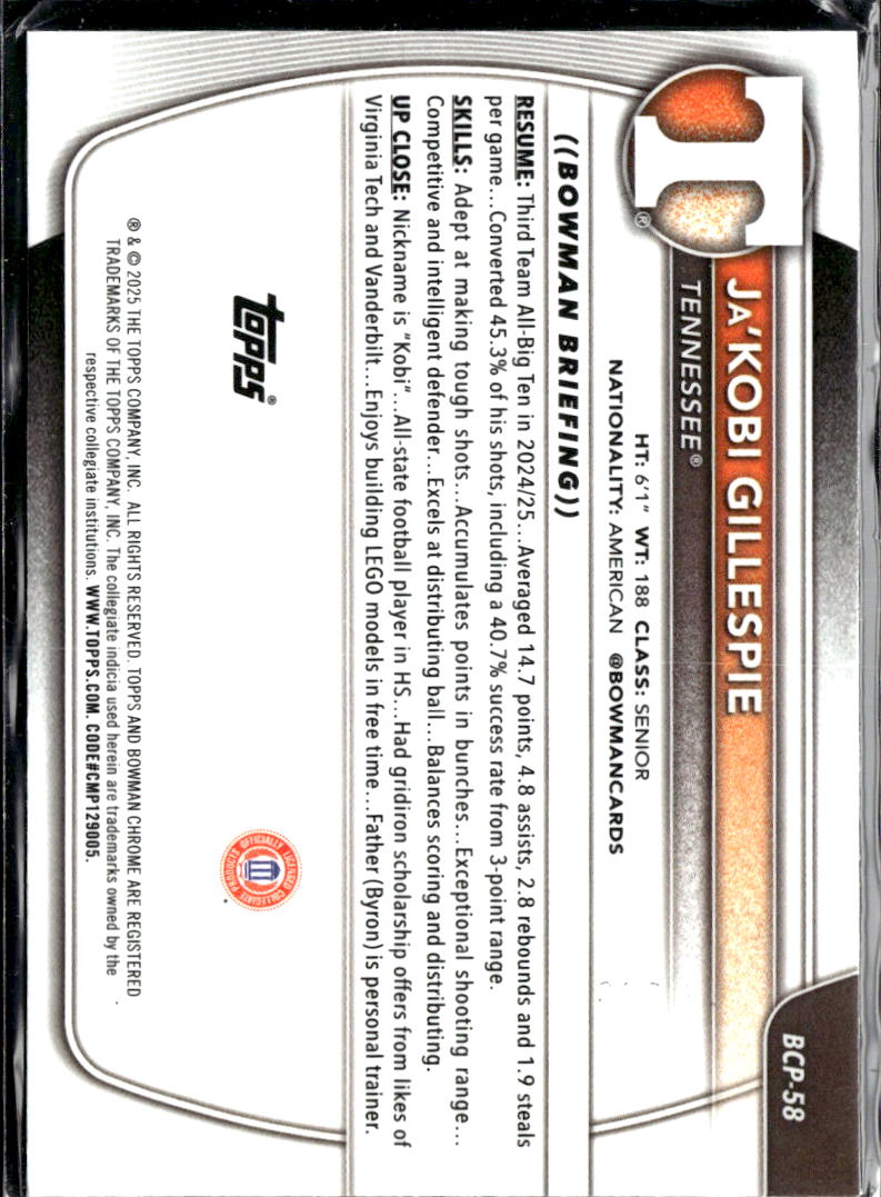 Ja'Kobi Gillespie 2025 Bowman Chrome University 377/399 Tennessee Volunteers