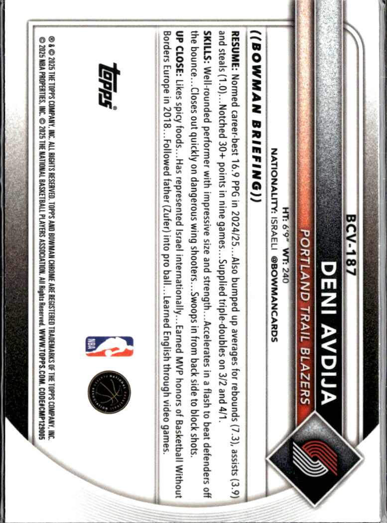 Deni Avdija 2025 Bowman Chrome Speckle Refractor 250/299 Portland Trail Blazers