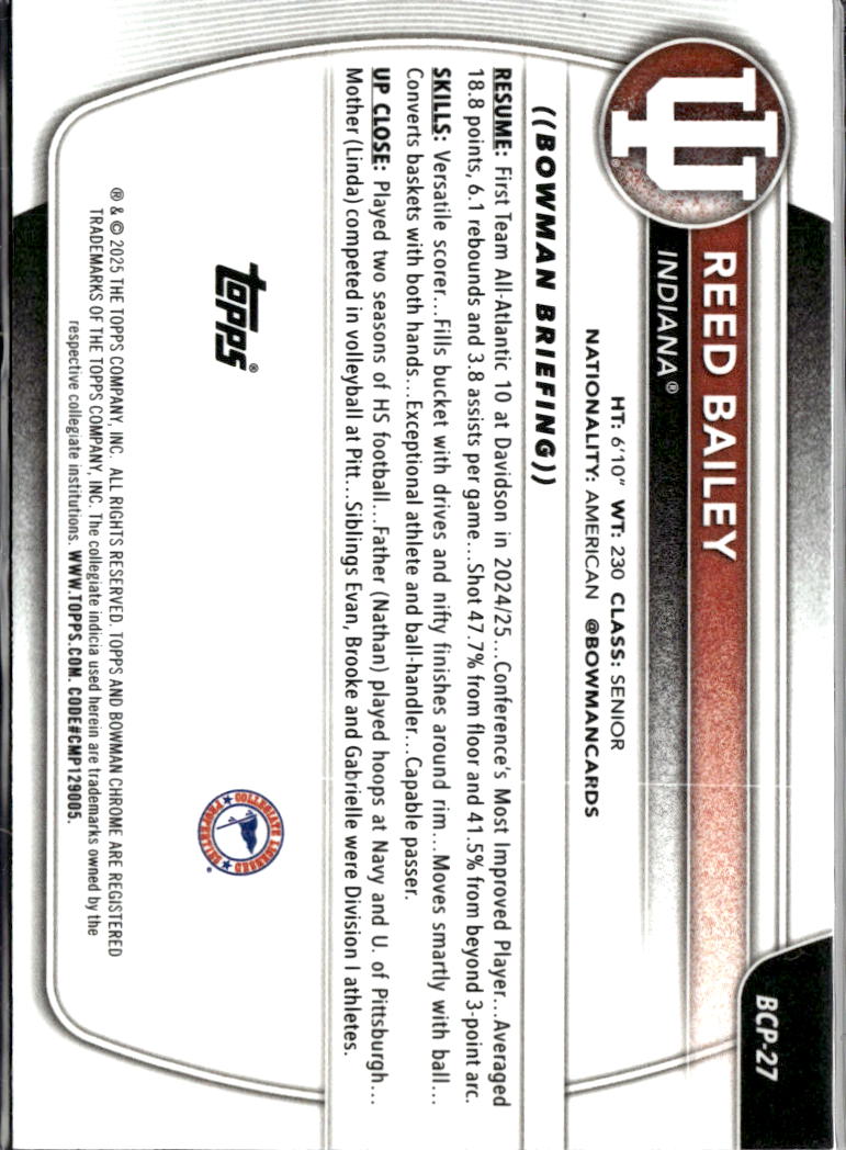 Reed Bailey 2025 Bowman Chrome Shimmer Refractor /299 Indiana Hoosiers