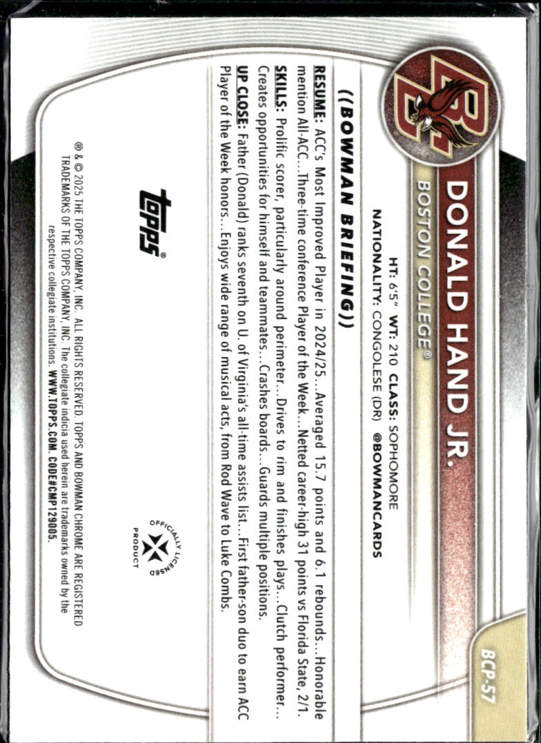Donald Hand Jr. 2025 Bowman Chrome 1st Mini Diamond Boston College Eagles