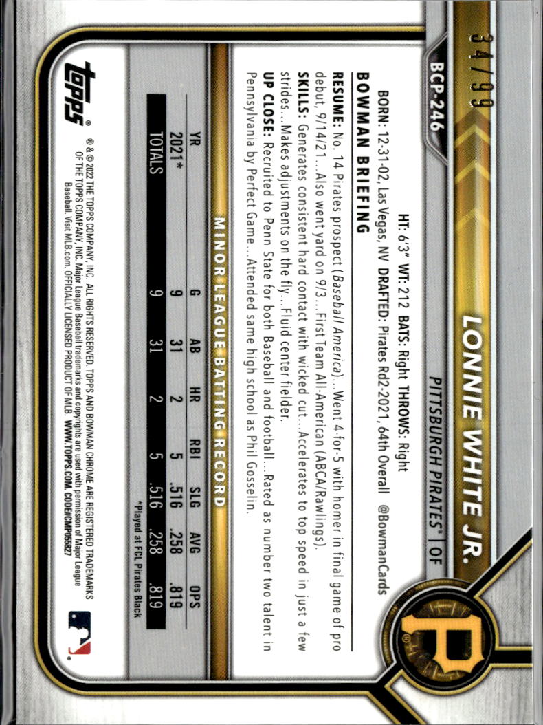 Lonnie White Jr. 2022 Bowman Chrome Green Shimmer /99 Pittsburgh Pirates