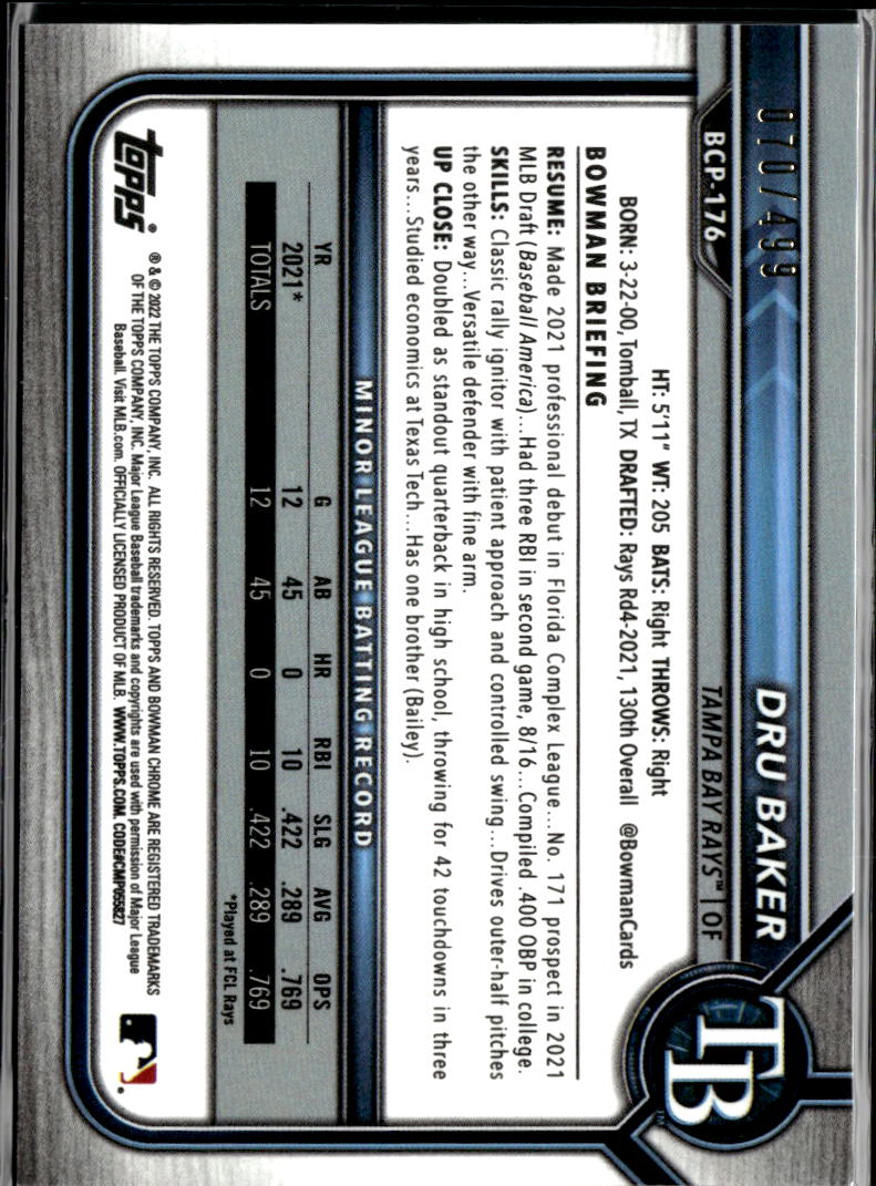 Dru Baker 2022 Bowman Chrome 1st Refractor RC /499 Tampa Bay Rays
