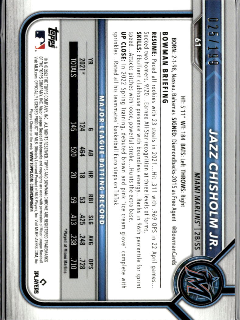 Jazz Chisholm Jr. 2022 Bowman Chrome Aqua Shimmer Refractor /199 Miami Marlins