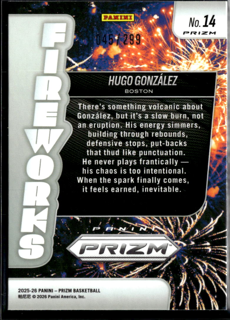 Hugo Gonzalez 2026 Prizm Fireworks Red Rookie RC /299 Boston Celtics