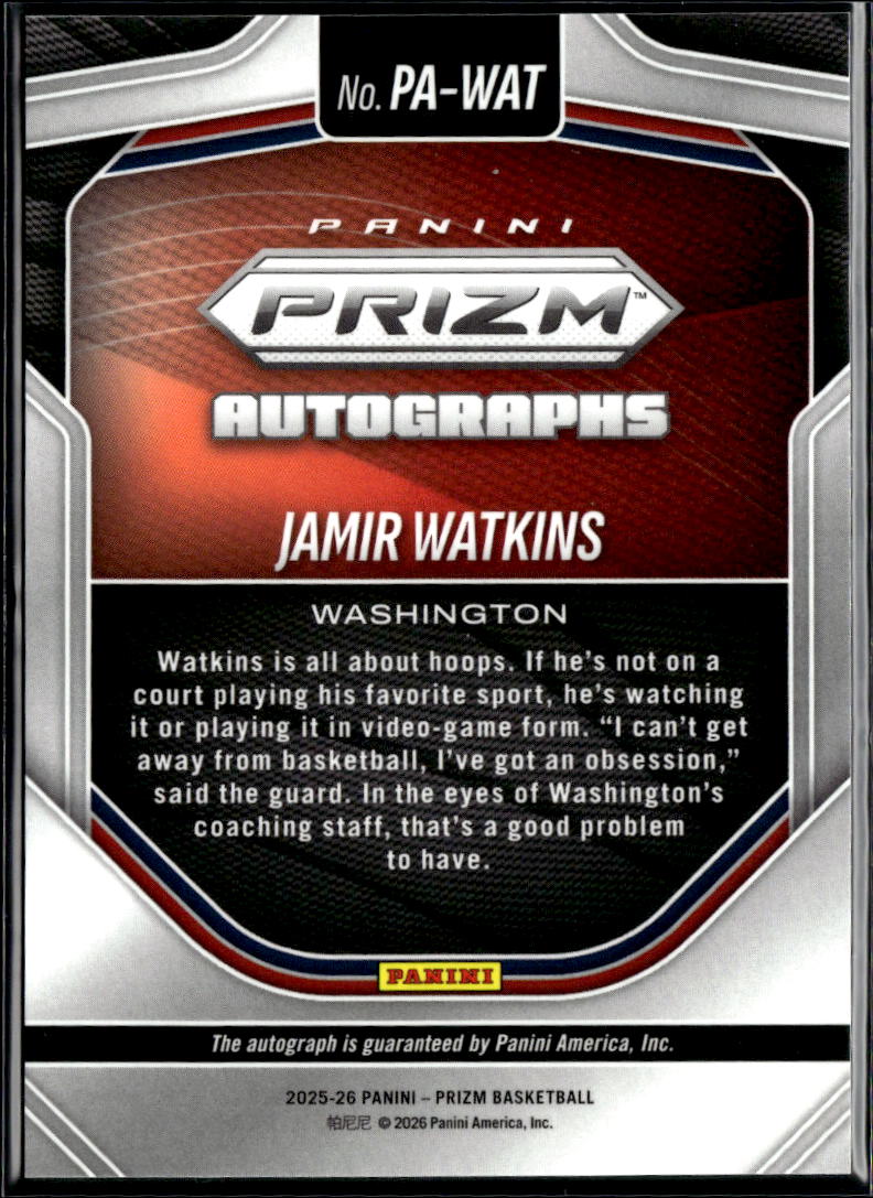Jamir Watkins 2025 Panini Prizm Auto Autograph RC Washington Wizards