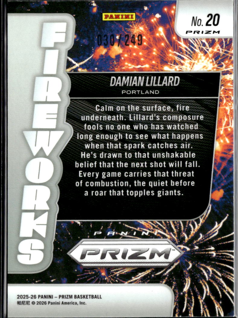 Damian Lillard 2026 Panini Prizm Fireworks Blue 30/249 Portland Trail Blazers