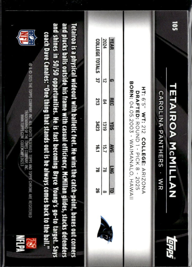 Tetairoa McMillan 2025 Topps Chrome Black Rookie RC Carolina Panthers