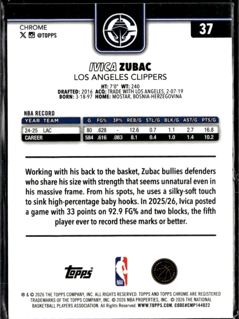 Ivica Zubac 2026 Topps Chrome Blue Refractor 40/150 Los Angeles Clippers