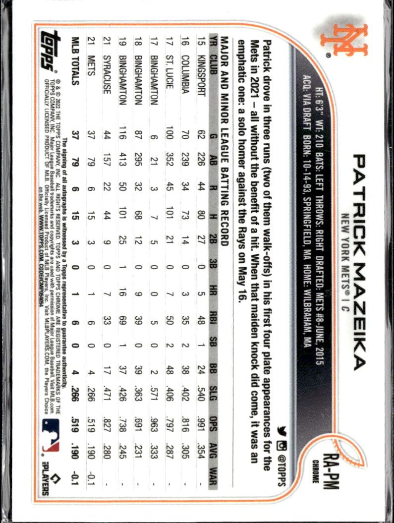 Patrick Mazeika 2021 Topps Chrome RC Auto Autograph New York Mets