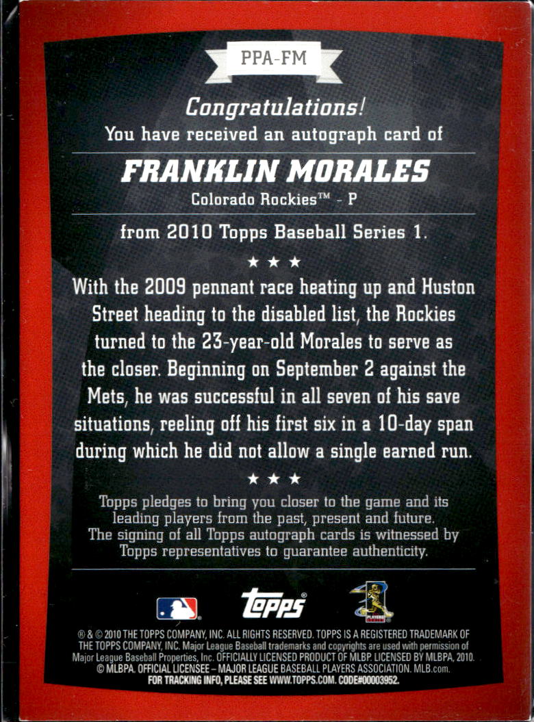 Franklin Morales 2010 Topps Peak Performance Auto Autograph Colorado Rockies