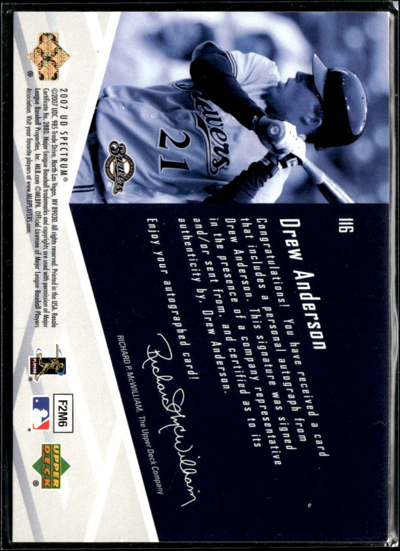 Drew Anderson 2007 Upper Deck Spectrum Rookie Auto Autograph Brewers