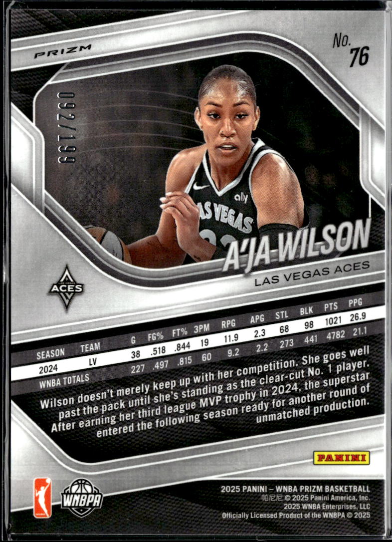 A'ja Wilson 2025 Panini Prizm WNBA Blue Pulsar 92/199 Las Vegas Aces