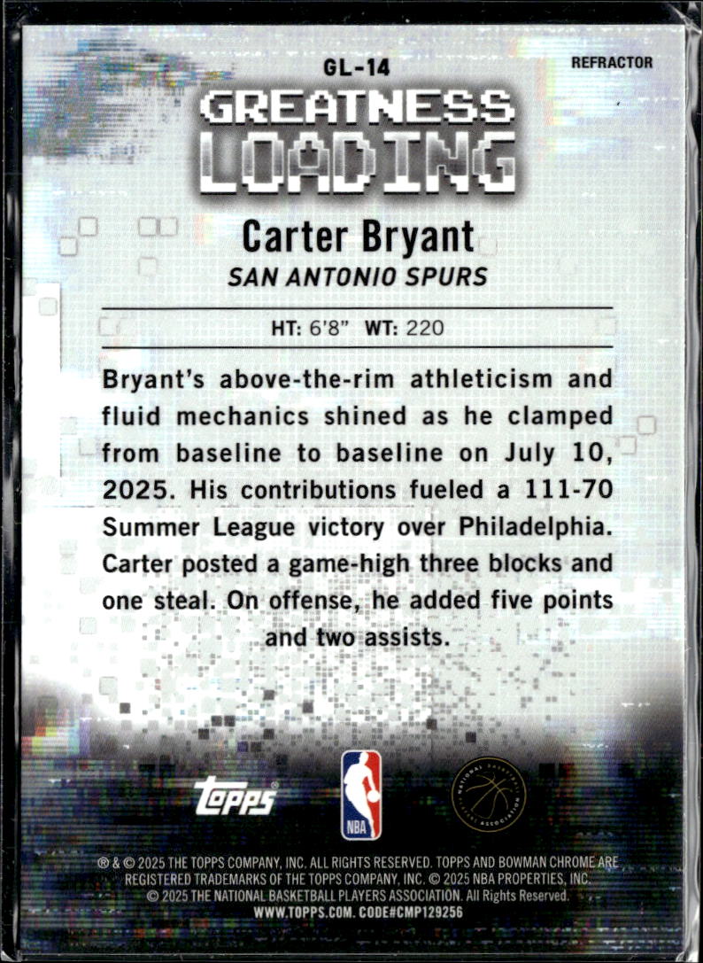 Carter Bryant 2025 Bowman Chrome Greatness Loading RC Refractor Spurs