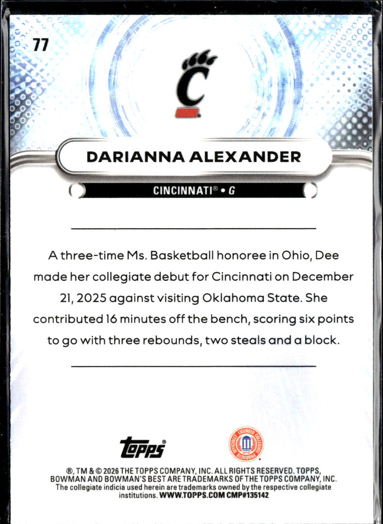 Darianna Alexander 2026 Bowman's Best Blue 41/150 Cincinnati Bearcats