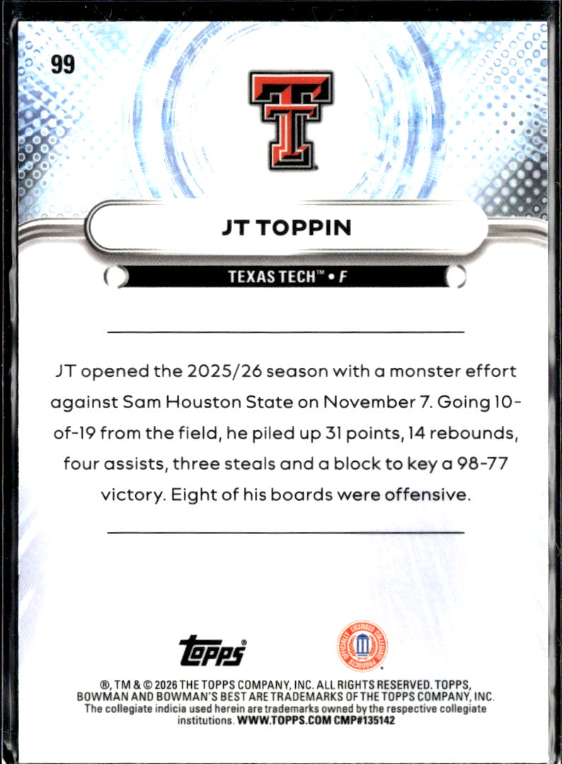 JT Toppin 2026 Bowman's Best Blue Refractor /150 Texas Tech Red Raiders